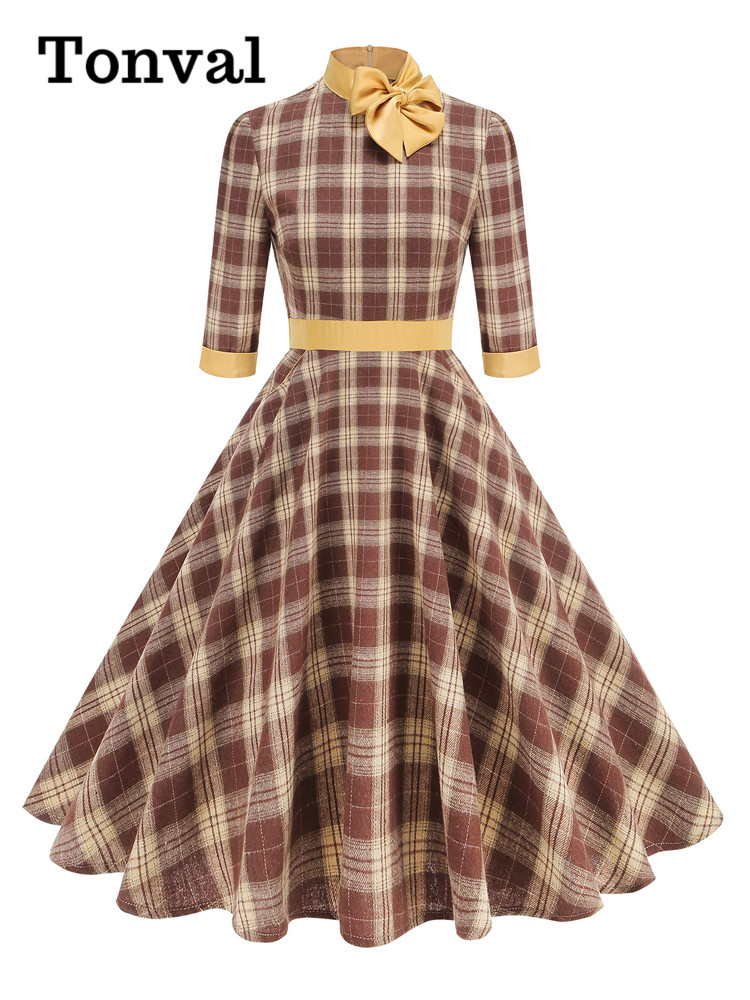 Women'S Fashion Of The 50S - Женское клетчатое платье миди Tonval, винтажное