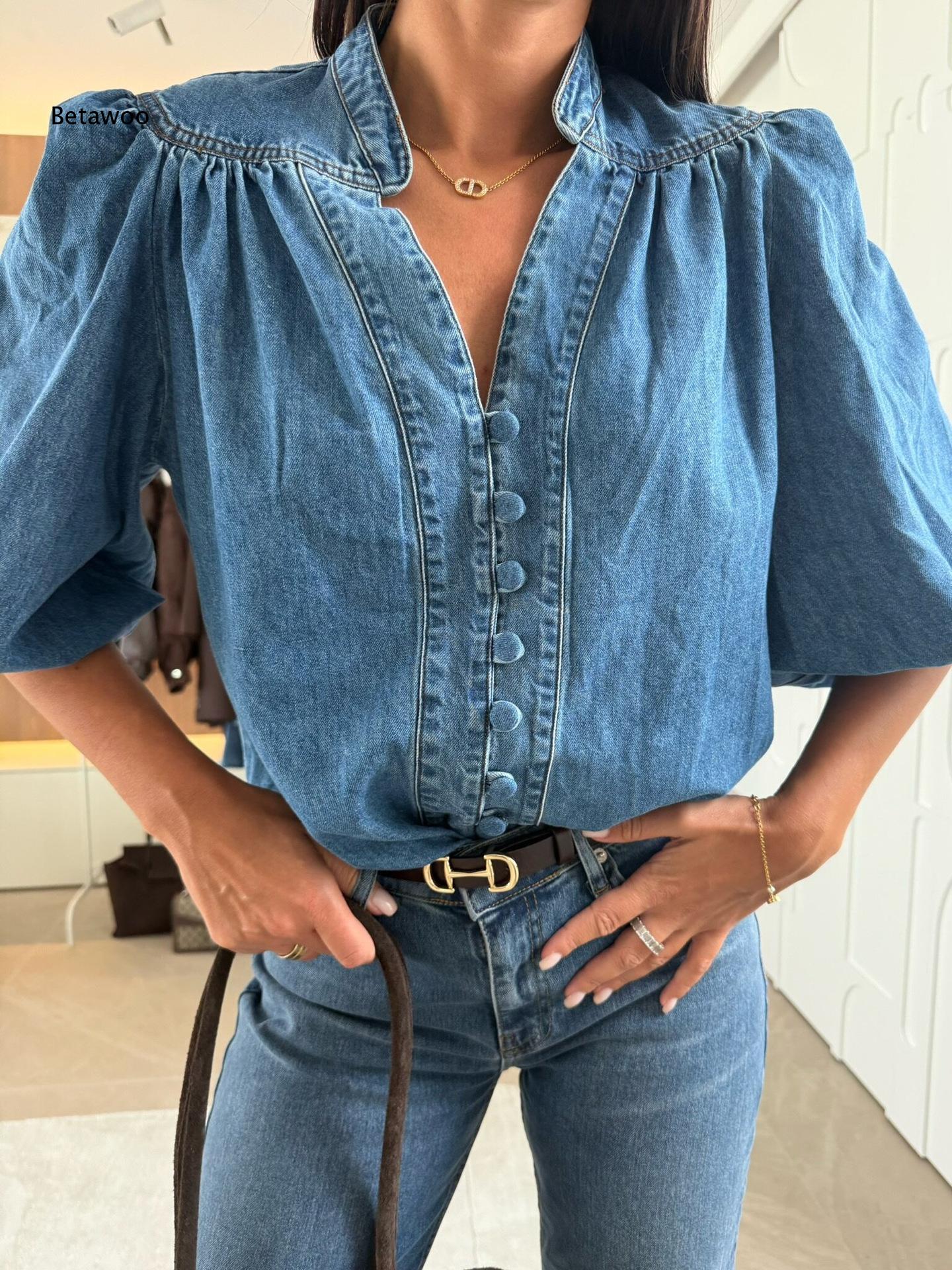 Puff Sleeve Blouse - Женская джинсовая блузка с воротником-стойкой и