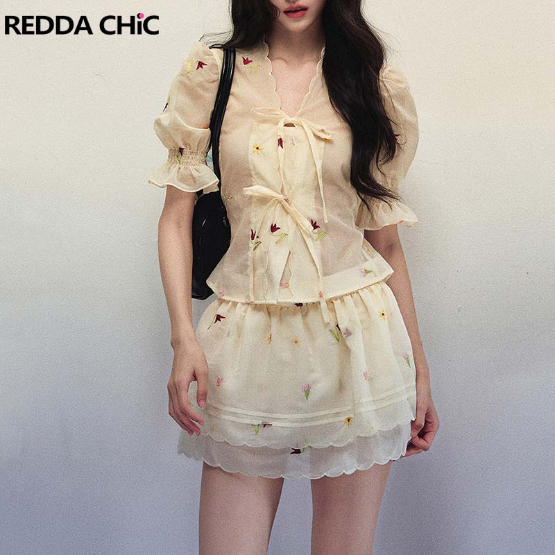 Puff Sleeve Blouse - REDDACHiC Женский комплект из шифоновой блузки