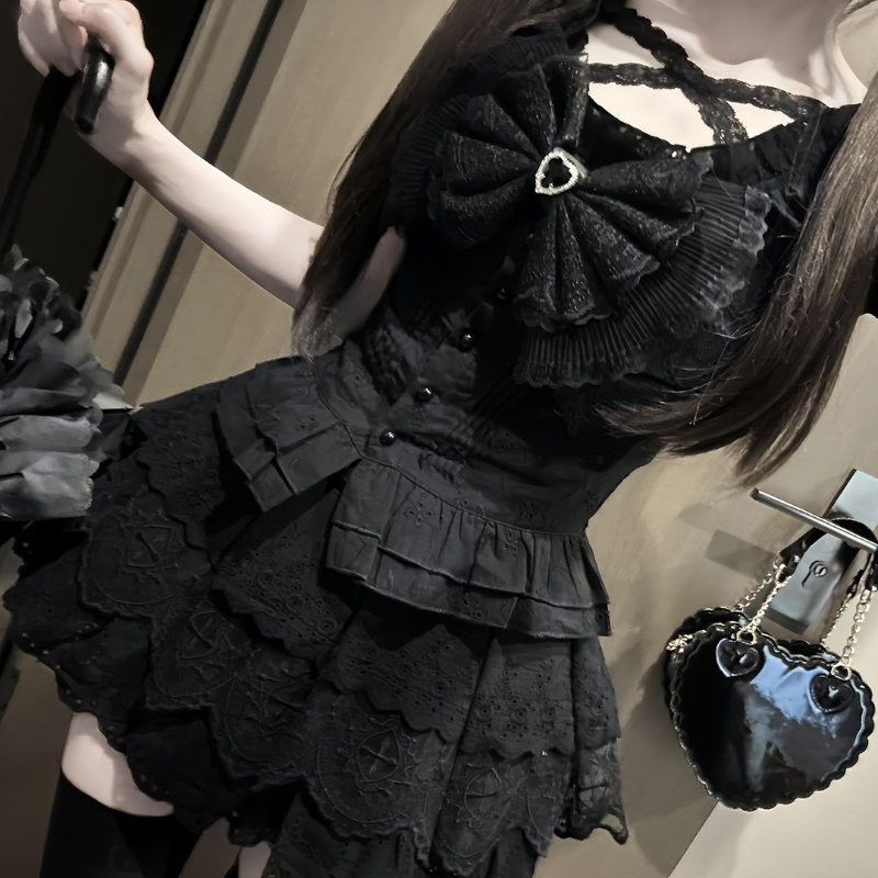 Puff Sleeve Blouse - Японский ретро-комплект: футболка с бантом и
