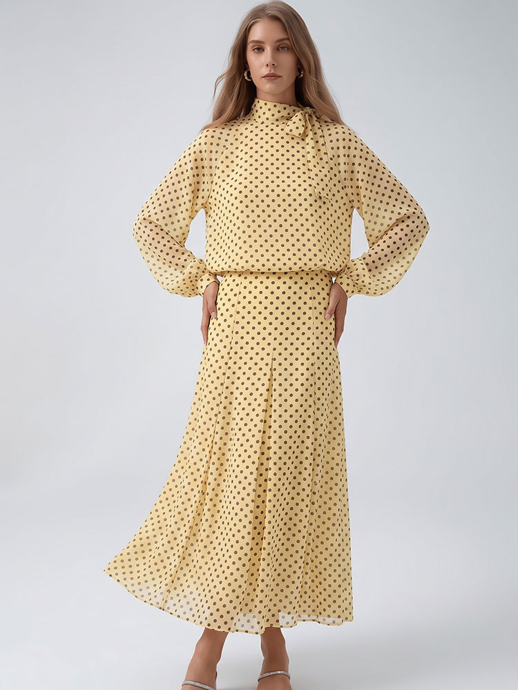 Puff Sleeve Blouse - Винтажный женский костюм в горошек с
